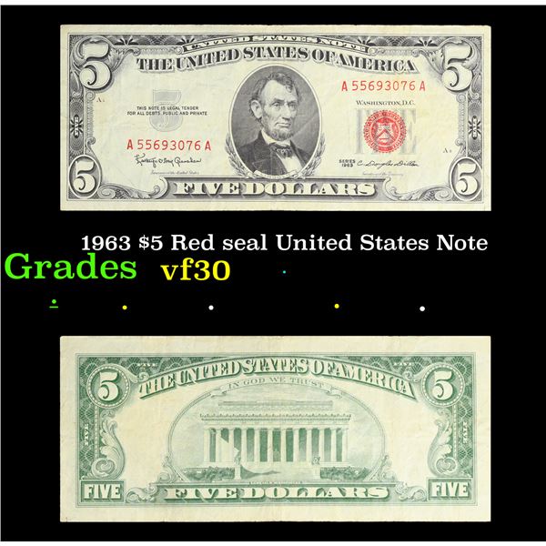 1963 $5 Red seal United States Note Grades vf++