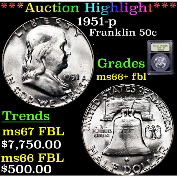 ***Auction Highlight*** 1951-p Franklin Half Dollar 50c Graded GEM++ FBL By USCG (fc)