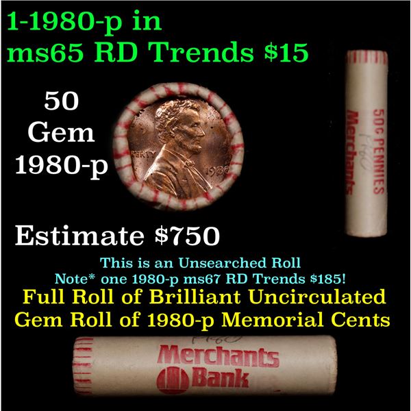 Shotgun Lincoln 1c roll, 1980-p 50 pcs Merchants Bank Wrapper.