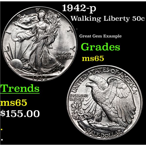 1942-p Walking Liberty Half Dollar 50c Grades GEM Unc