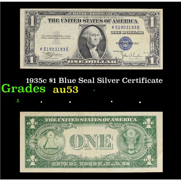 1935c $1 Blue Seal Silver Certificate Grades Select AU