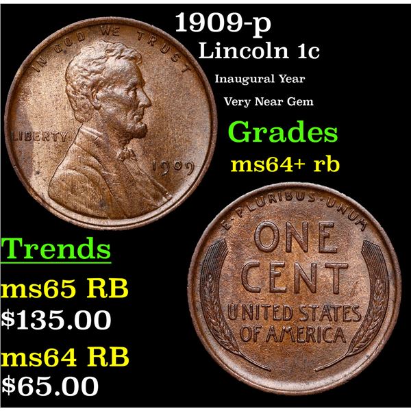 1909-p Lincoln Cent 1c Grades Choice+ Unc RB