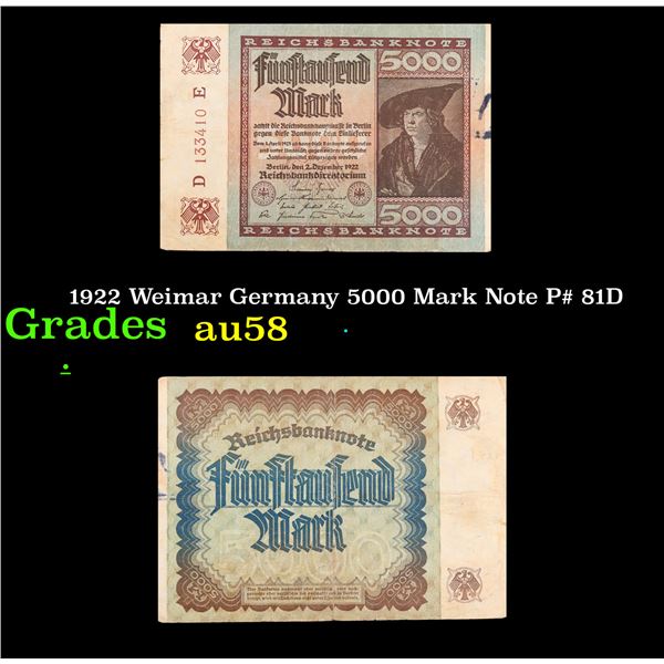 1922 Weimar Germany 5000 Mark Note P# 81D Grades Choice AU/BU Slider