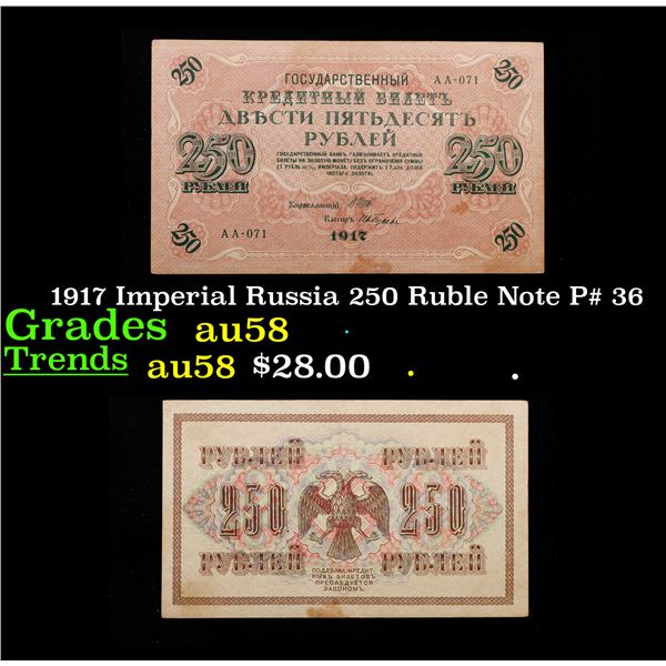 1917 Imperial Russia 250 Ruble Note P# 36 Grades Choice AU/BU Slider