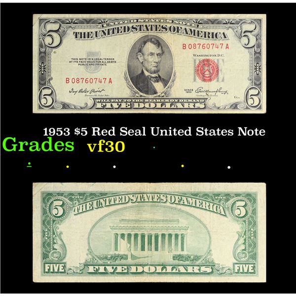1953 $5 Red Seal United States Note Grades vf++