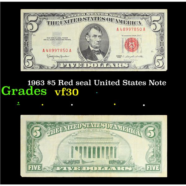 1963 $5 Red seal United States Note Grades vf++
