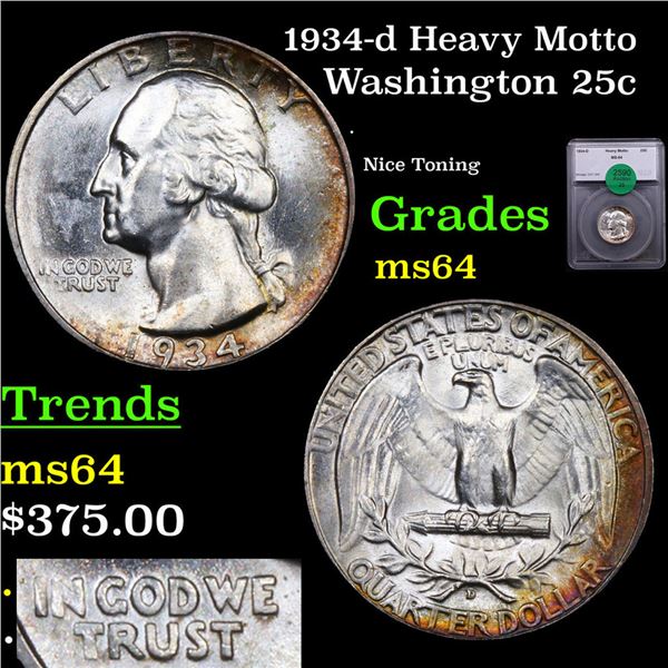 1934-d Washington Quarter Heavy Motto 25c Graded ms64 By SEGS