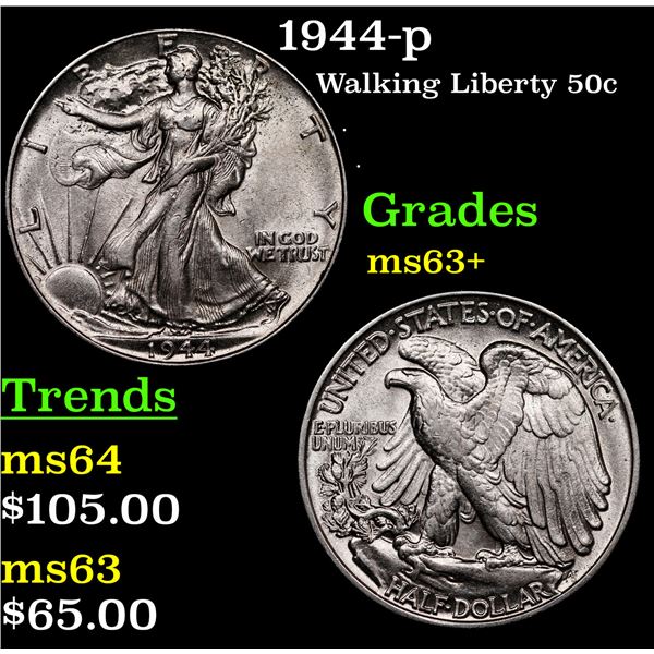 1944-p Walking Liberty Half Dollar 50c Grades Select+ Unc