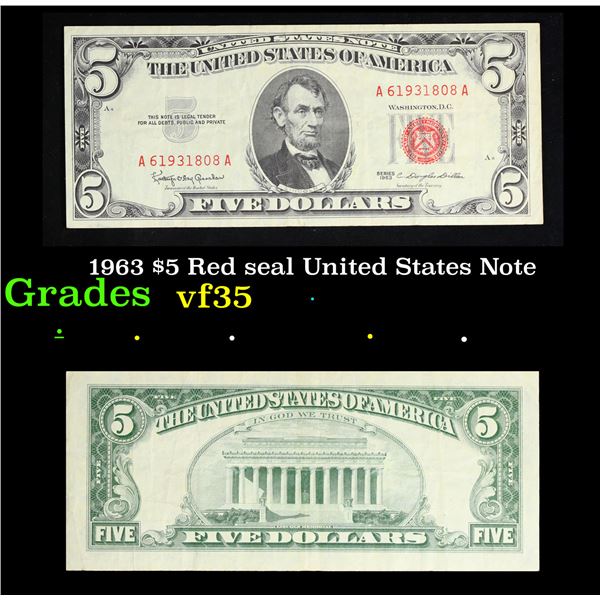 1963 $5 Red seal United States Note Grades vf++