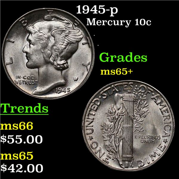 1945-p Mercury Dime 10c Grades GEM+ Unc
