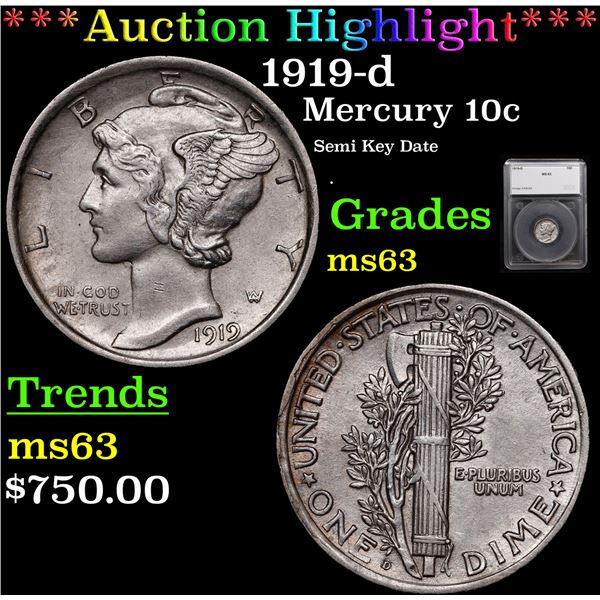 ***Auction Highlight*** 1919-d Mercury Dime 10c Graded ms63 By SEGS (fc)