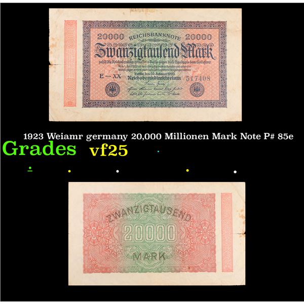 1923 Weiamr germany 20,000 Millionen Mark Note P# 85e Grades vf+