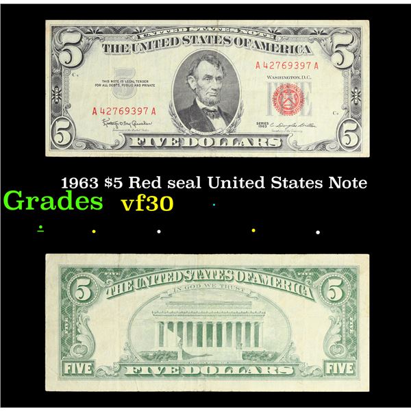1963 $5 Red seal United States Note Grades vf++