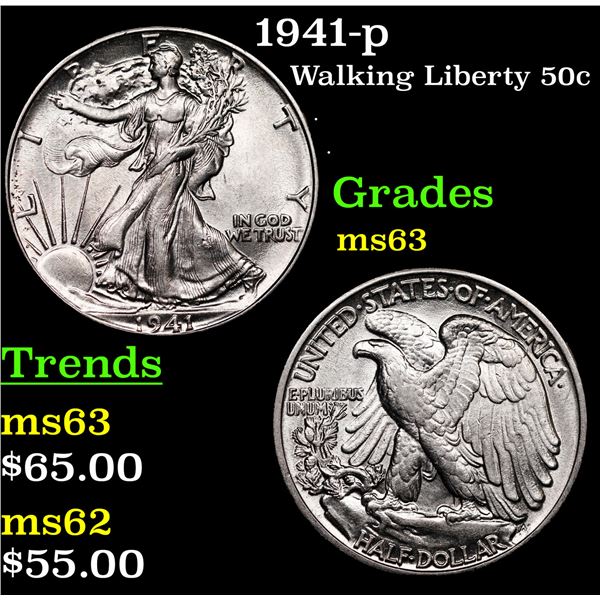 1941-p Walking Liberty Half Dollar 50c Grades Select Unc