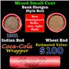 Image 1 : Mixed small cents 1c orig shotgun roll, Wheat Cent, 1901 Indian Cent other end, Coca Cola Brandt Wra