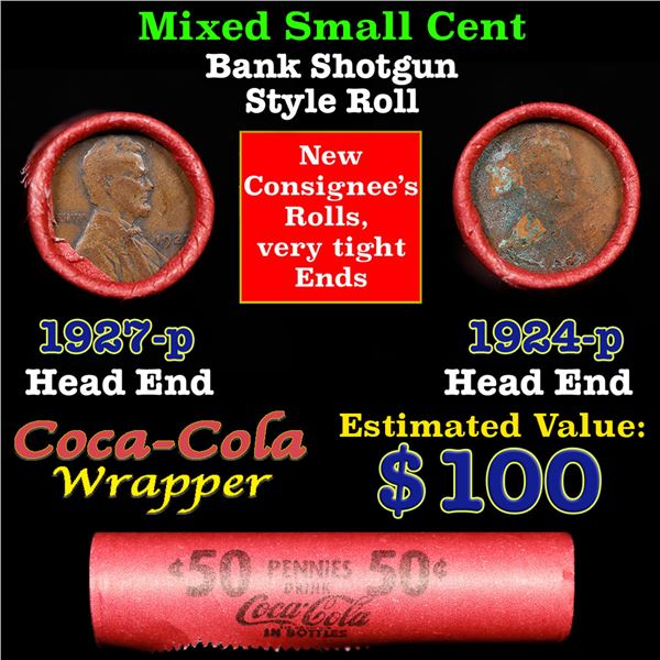 Mixed small cents 1c orig shotgun roll, 1927-p Lincoln Cent, 1924-p Lincoln Cent other end, Coca Col