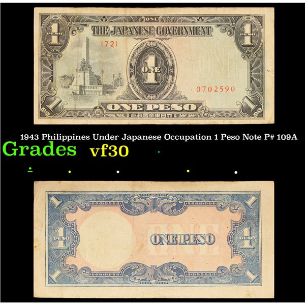 1943 Philippines Under Japanese Occupation 1 Peso Note P# 109A Grades vf++