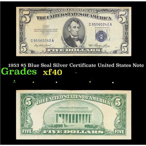 1953 $5 Blue Seal Silver Certificate United States Note Grades xf