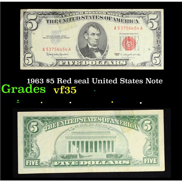 1963 $5 Red seal United States Note Grades vf++