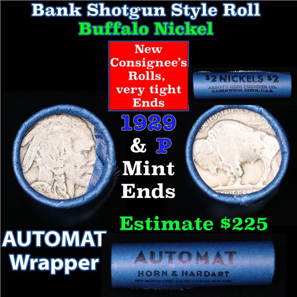 Buffalo Nickel Shotgun Roll in Old Bank Style 'Abbott Coin Counter & Automat' Wrapper 1929 & p Mint 