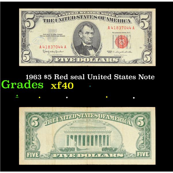 1963 $5 Red seal United States Note Grades xf