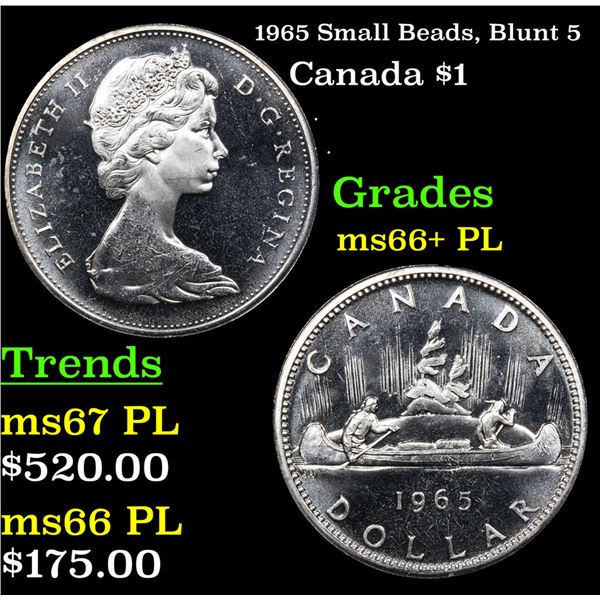 1965 Small Beads, Blunt 5 Canada Dollar $1 Grades GEM++ PL