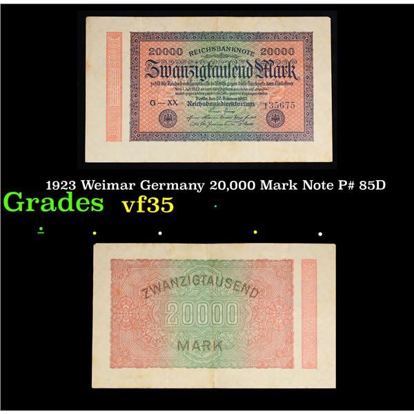 1923 Weimar Germany 20,000 Mark Note P# 85D Grades vf++