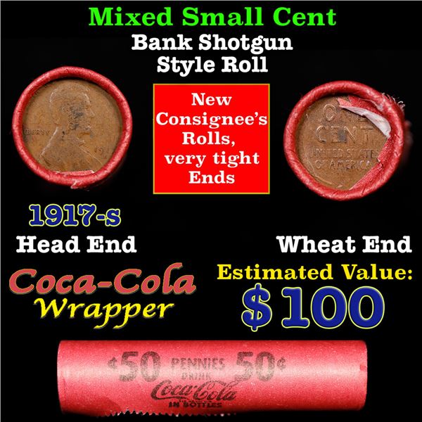 Mixed small cents 1c orig shotgun roll, 1917-s Lincoln Cent, Wheat Cent other end, Coca Cola Brandt 