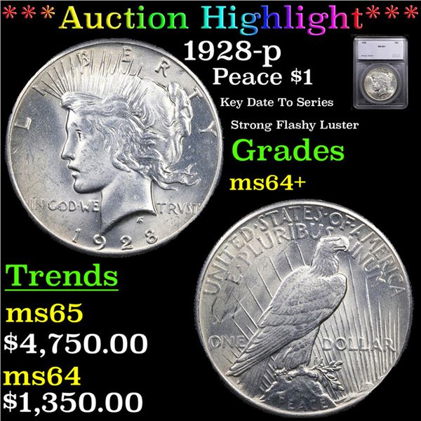 ***Auction Highlight*** 1928-p Peace Dollar $1 Graded ms64+ BY SEGS (fc)