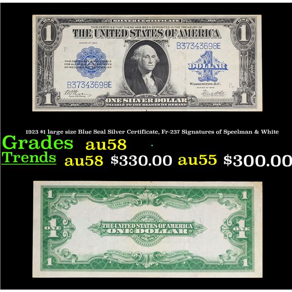 1923 $1 large size Blue Seal Silver Certificate, Fr-237 Signatures of Speelman & White Grades Choice