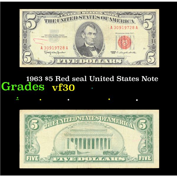 1963 $5 Red seal United States Note Grades vf++
