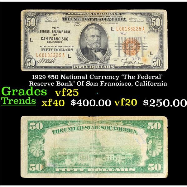 1929 $50 National Currency 'The Federal Reserve Bank' Of San Franoisco, California Grades vf+