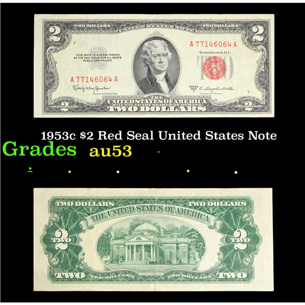1953c $2 Red Seal United States Note Grades Select AU