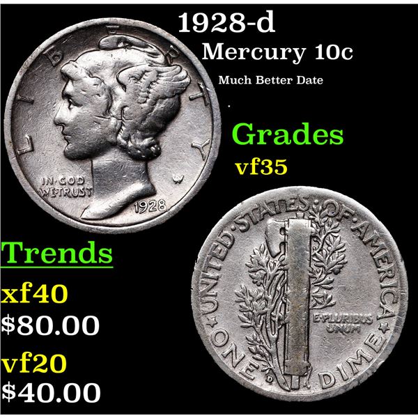 1928-d Mercury Dime 10c Grades vf++