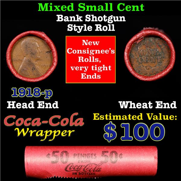 Mixed small cents 1c orig shotgun roll, 1918-p Lincoln Cent, Wheat Cent other end, Coca Cola Brandt 