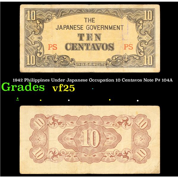 1942 Philippines Under Japanese Occupation 10 Centavos Note P# 104A Grades vf+