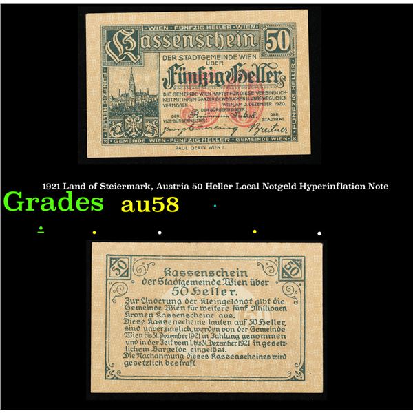 1921 Land of Steiermark, Austria 50 Heller Local Notgeld Hyperinflation Note Grades Choice AU/BU Sli