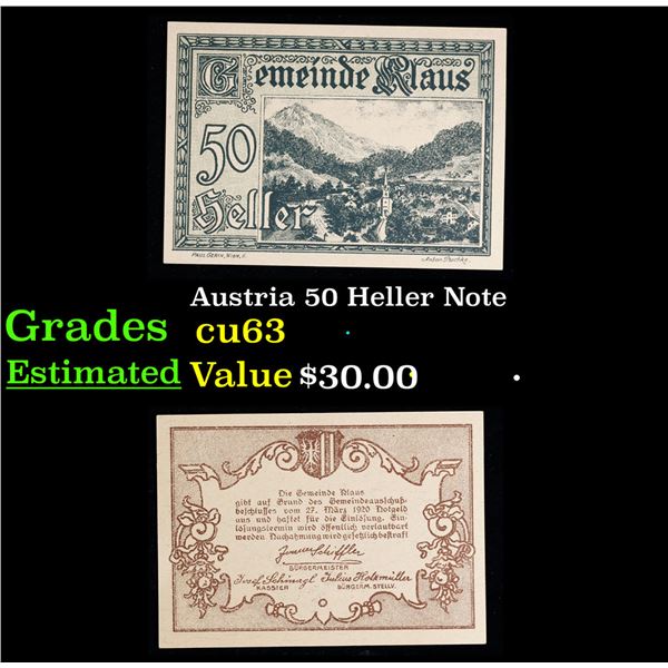 Austria 50 Heller Note Grades Select CU