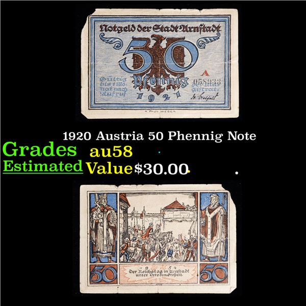 1920 Austria 50 Phennig Note Grades Choice AU/BU Slider