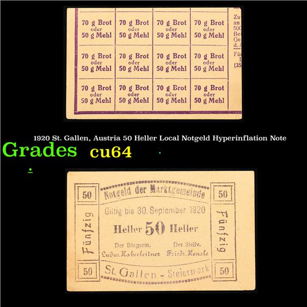 1920 St. Gallen, Austria 50 Heller Local Notgeld Hyperinflation Note Grades Choice CU