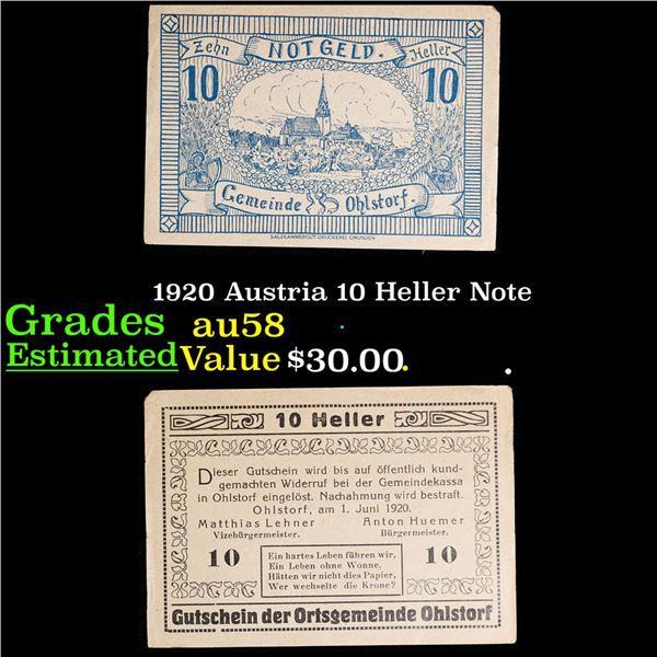 1920 Austria 10 Heller Note Grades Choice AU/BU Slider
