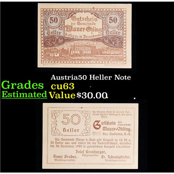 1920 Austria 50 Phennig Note Grades Select CU