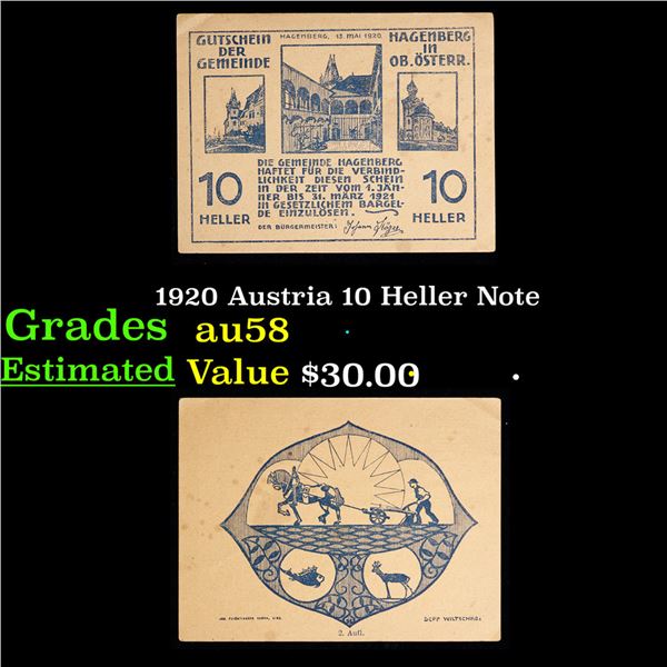 1920 Austria 10 Heller Note Grades Choice AU/BU Slider