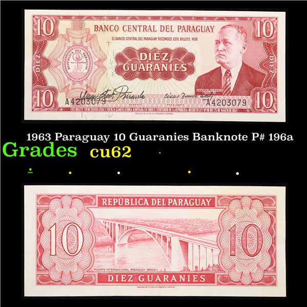 1963 Paraguay 10 Guaranies Banknote P# 196a Grades Select CU