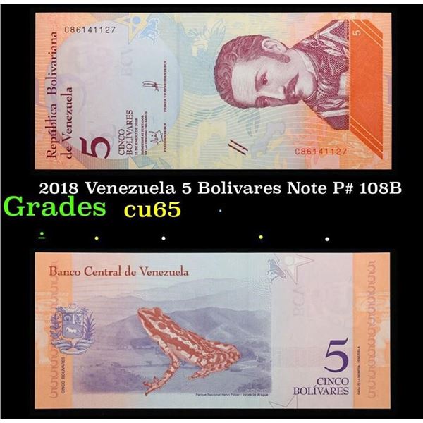 2018 Venezuela 5 Bolivares Note P# 108B Grades Gem CU