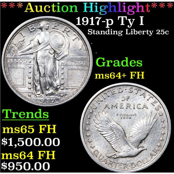 ***Auction Highlight*** 1917-p Ty I Standing Liberty Quarter 25c Graded ms64+ FH BY SEGS (fc)