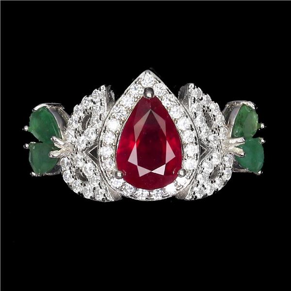 Natural Pigeon Blood Red Ruby & Colombian  Emerald Ring
