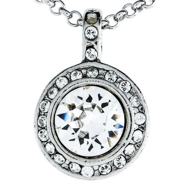 MM designer Fancy Silver Solitaire Necklace w Swarovski Elements, Heart Clasp, MM Signature Tag