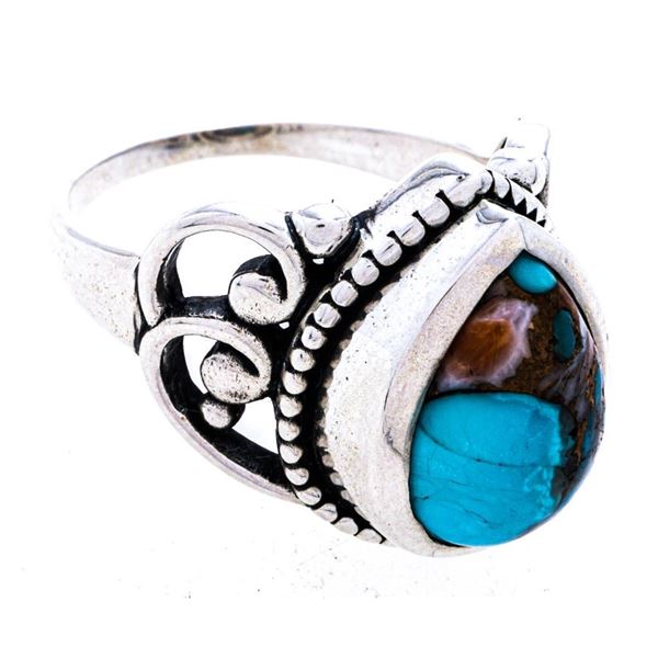925 Sterling Silver Ring, Pear Shape Bezel Set Turquoise. Size 10