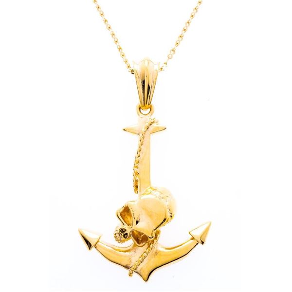24kt Over Stainless Steel Necklace - Anchor w/ Skull Pendant